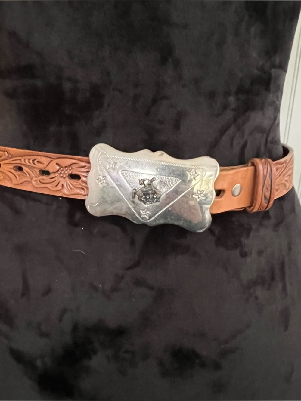 Chambers Belt Co Vintage Leather Tooled Belt with Silver Buckle Rodeo Horse